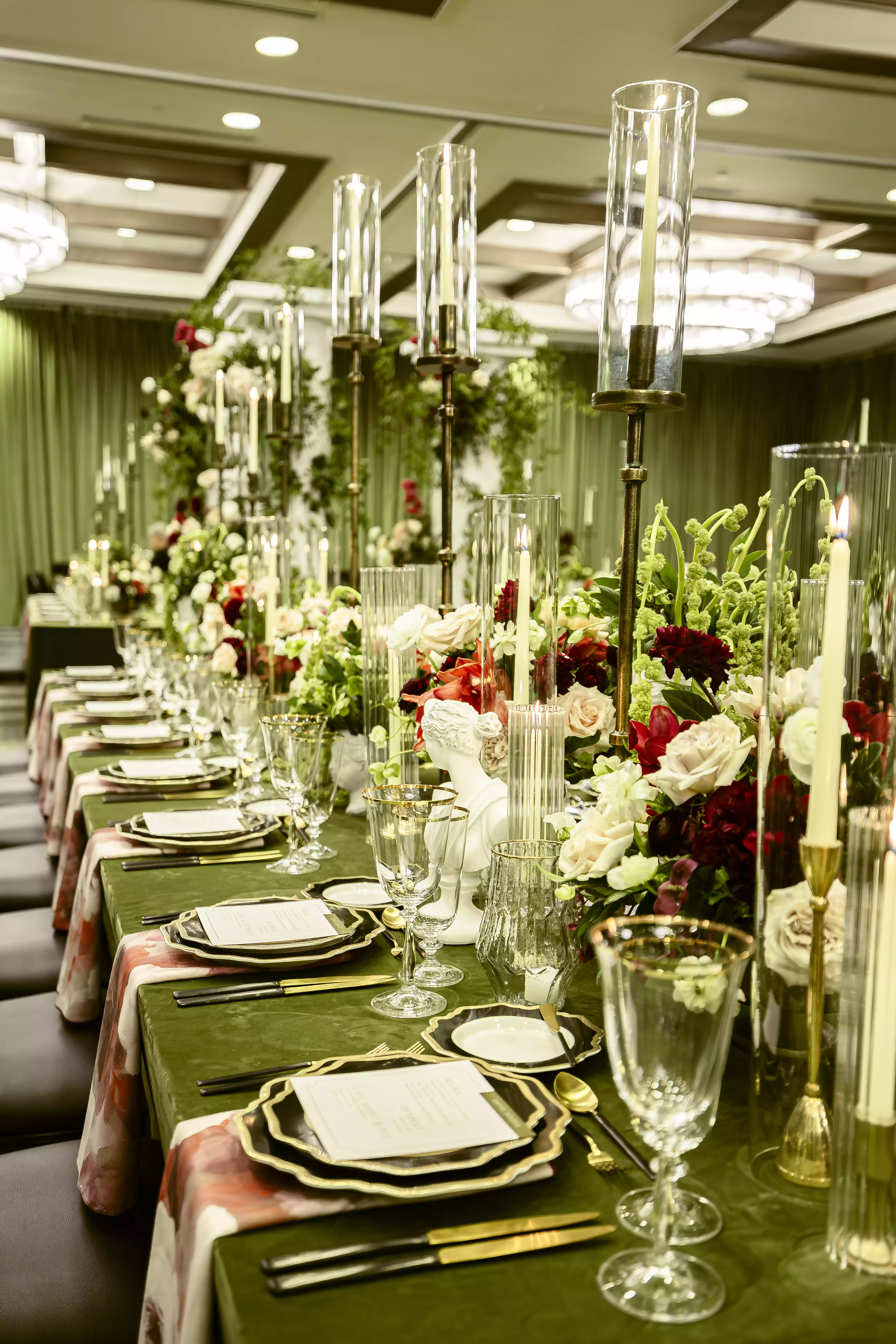 Bold green wedding reception table settings
