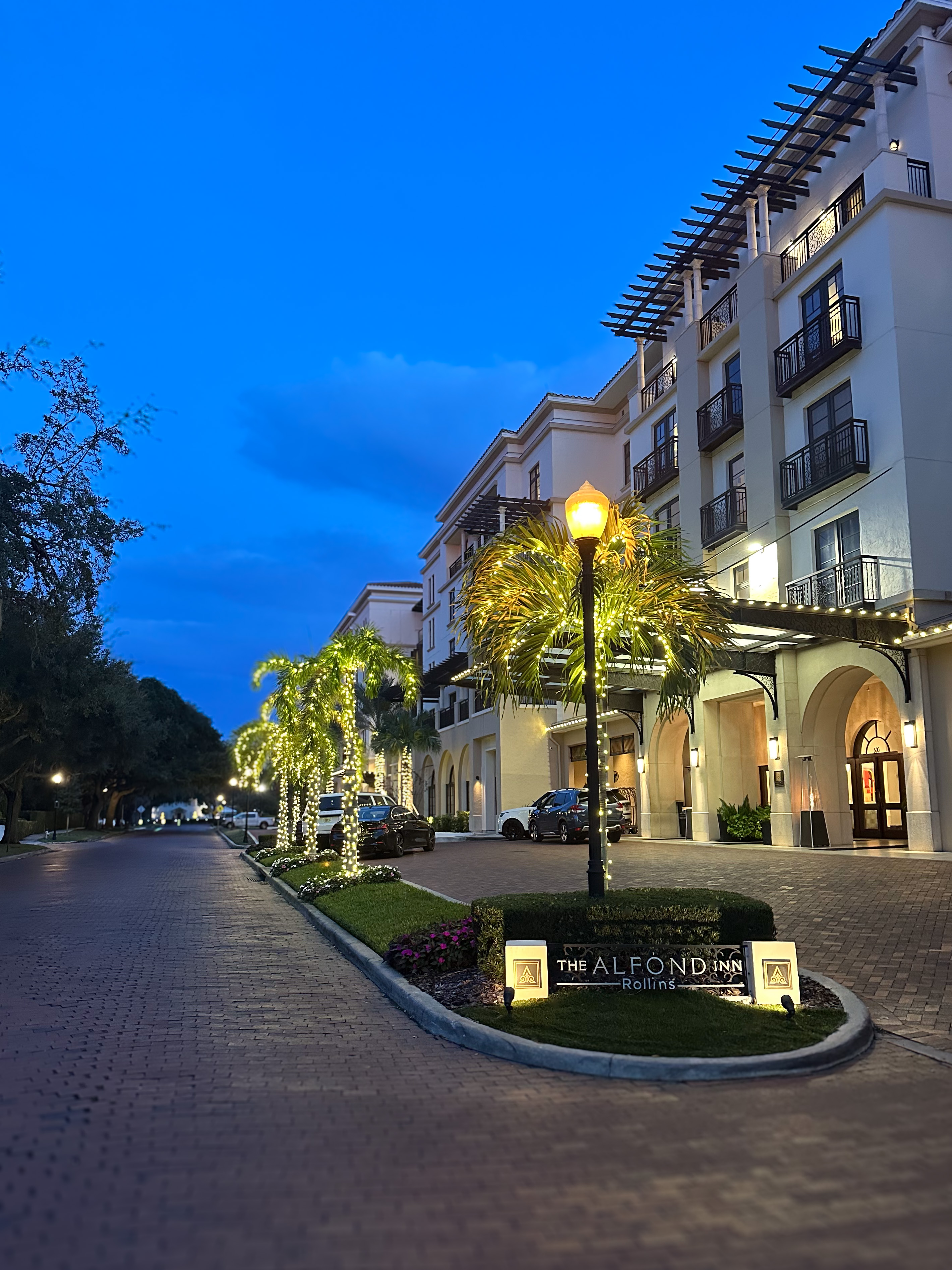 Exterior of The Alfond Inn during the holiday season
